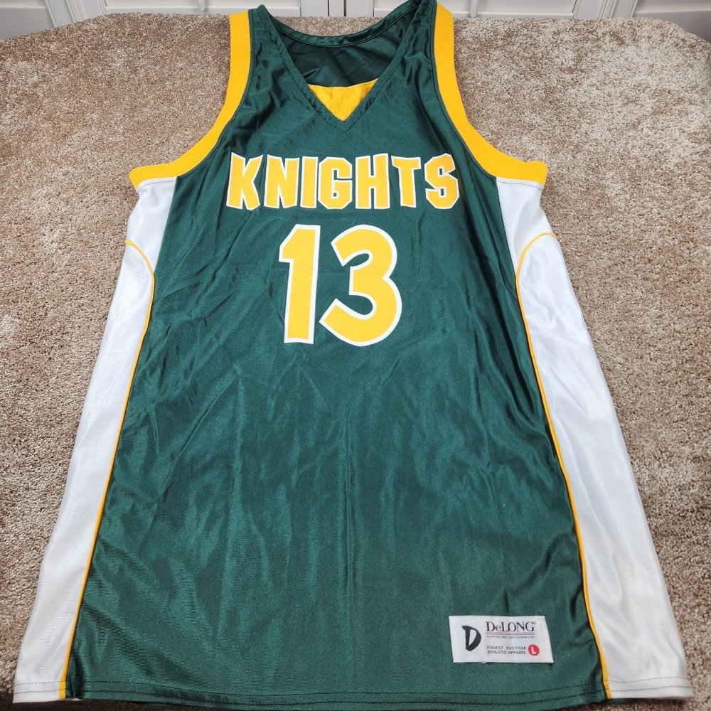 DeLONG Knights 13 Basketball Jersey Mens Large Green White Yellow Nylon USA